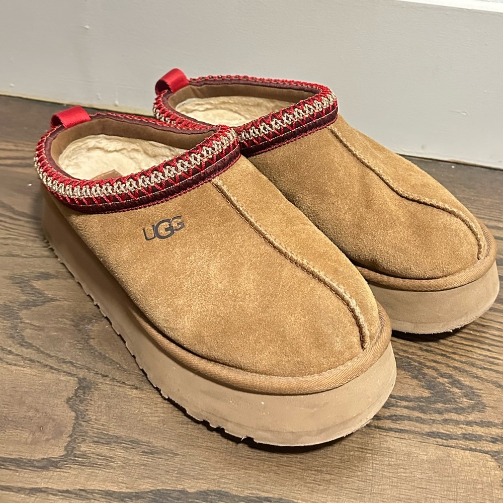 UGG Tazz Suede platform slippers chestnut color